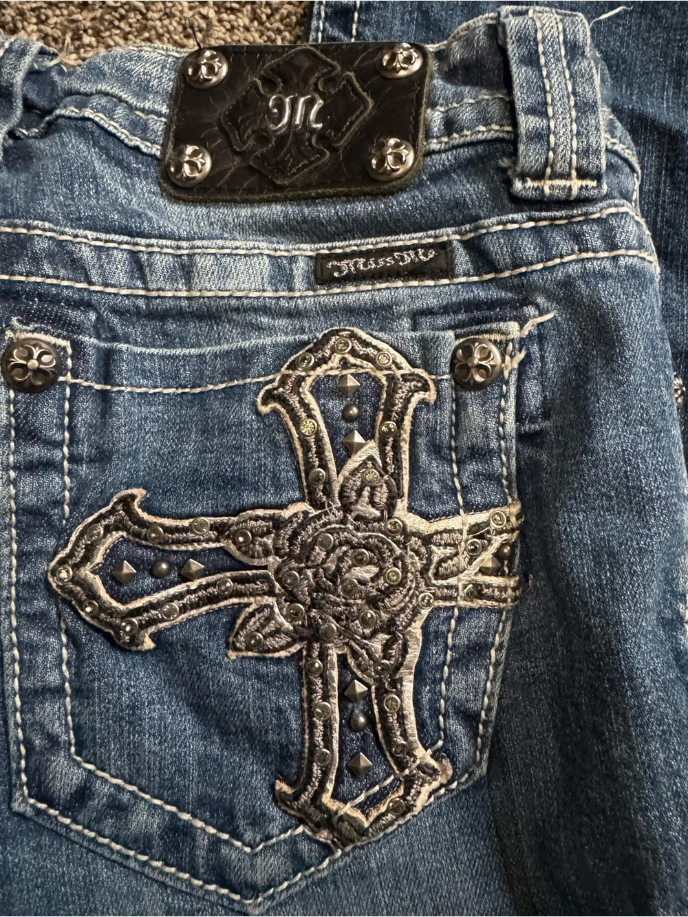 Miss Me Dark Blue Boot Cut Jeans with Embroidered Cross Pockets